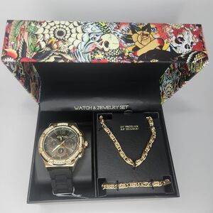 Ed Hardy Gold and Black Watch & Jewelry Set For Men